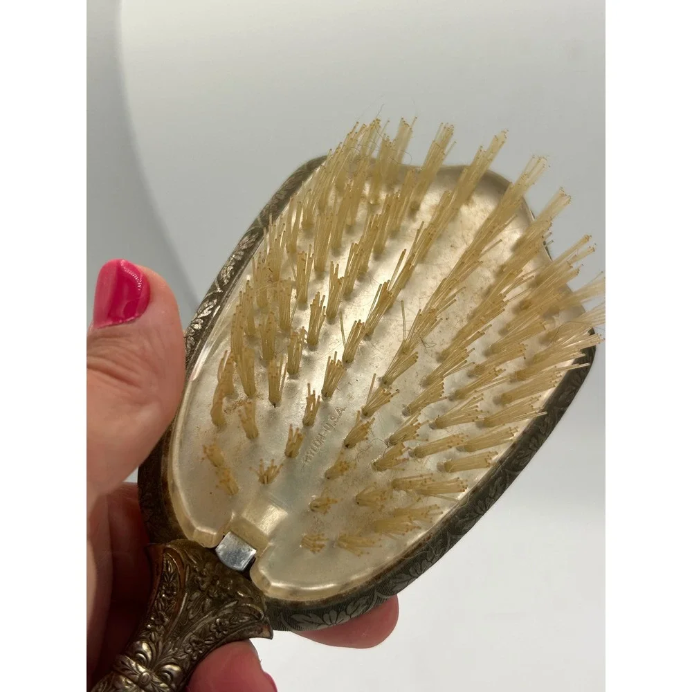 Vintage Ornate Silver Tone Floral Repousse Hair Brush Nylon Bristles Vanity